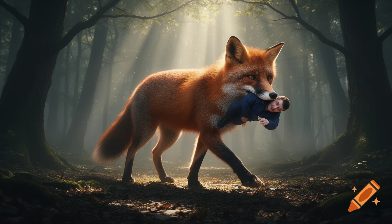 A hyper-realistic cinematic shot of a colossal red fox gently carrying a man in its mouth through a misty ancient forest with god rays.
