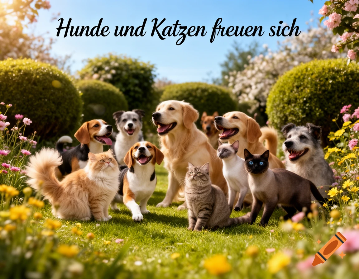 Diverse dogs and cats happily gathered in a sunny garden with flowers. Text: 'Hunde und Katzen freuen sich'.