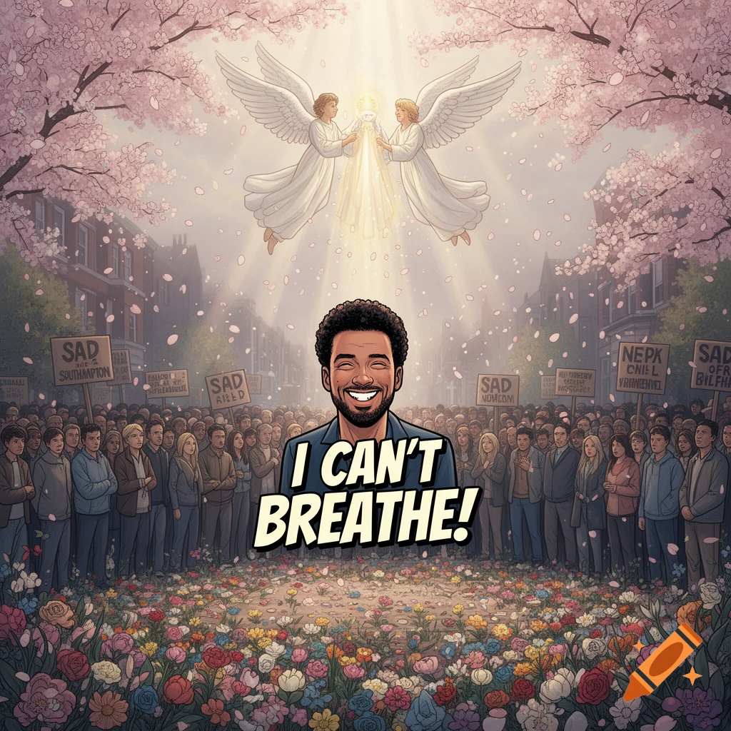 A stylized image of a smiling Black man with the words "I CAN'T BREATHE!" over a crowd holding "sad" signs, with angels above, flowers below, and cherry blossoms falling.