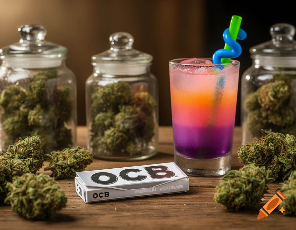 Photorealistic still life of cannabis buds in jars, loose on a table with an OCB rolling paper pack, and a colorful cocktail.