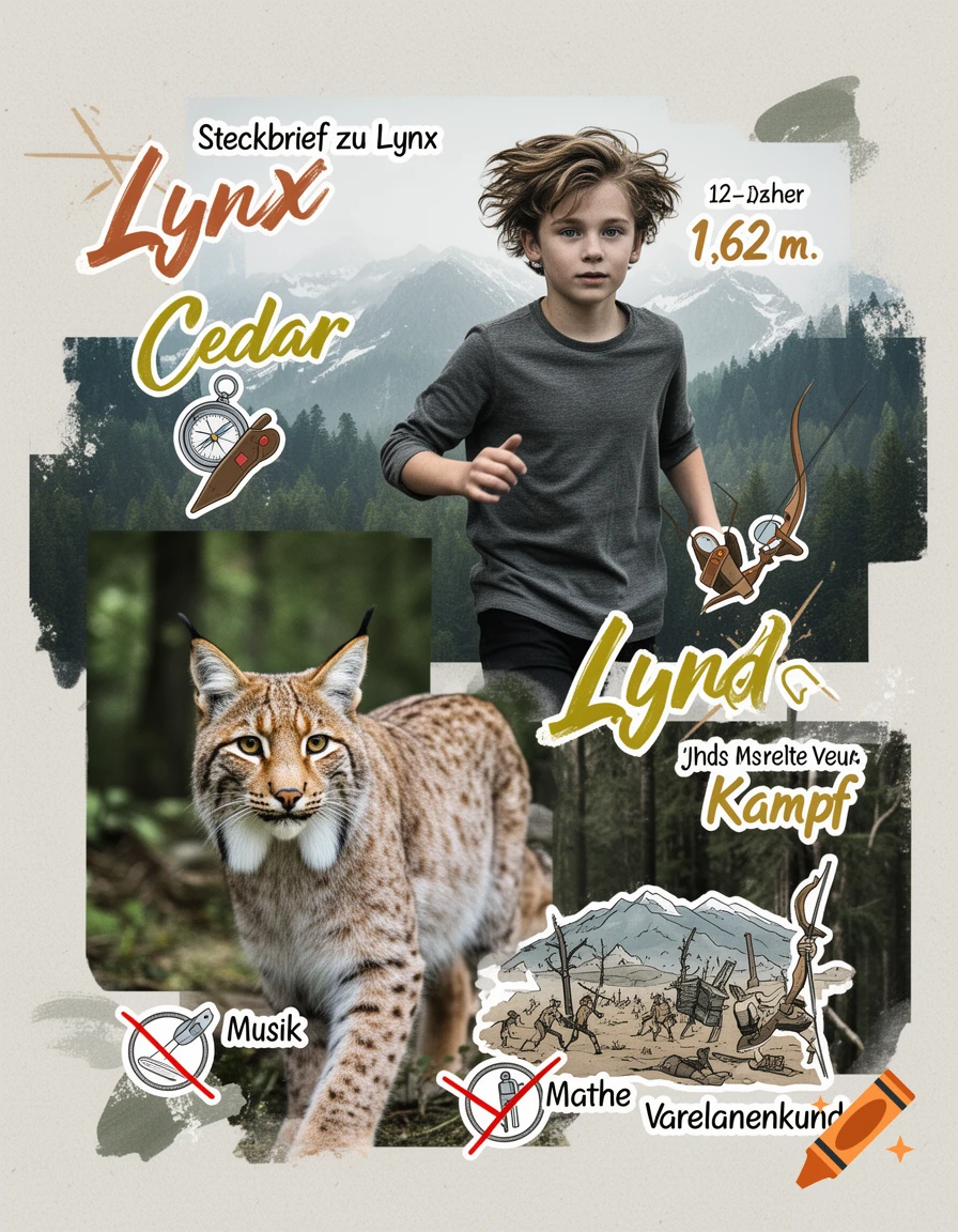 A collage featuring a boy with wild hair, a lynx, and various text labels and drawings, including