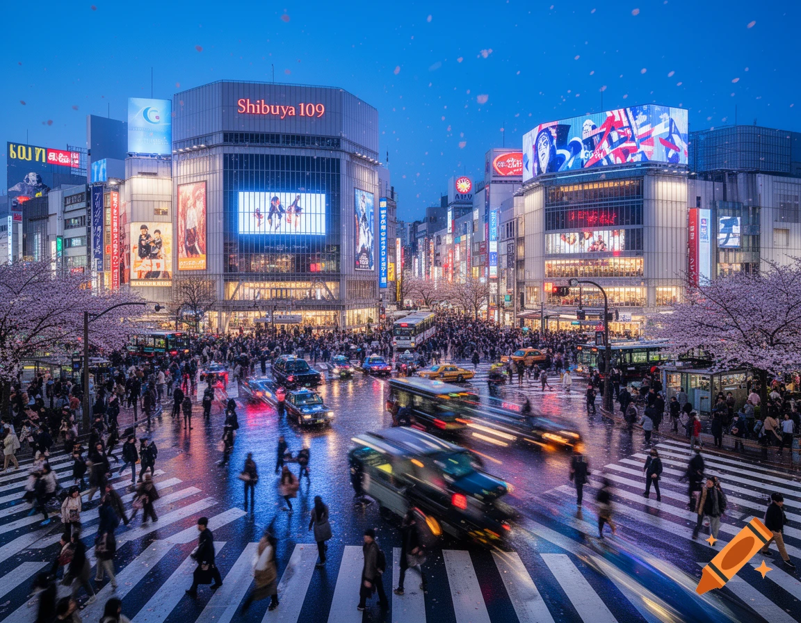 Photorealistic long exposure of a bustling Shibuya street at dusk, with motion-blurred people and cars, neon signs, and cherry blossoms.