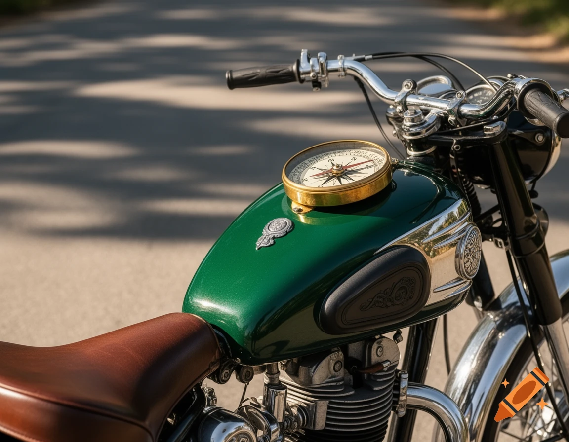 Close-up of a vintage green motorcycle with a brass analog compass mounted on its fuel tank, on an asphalt road.