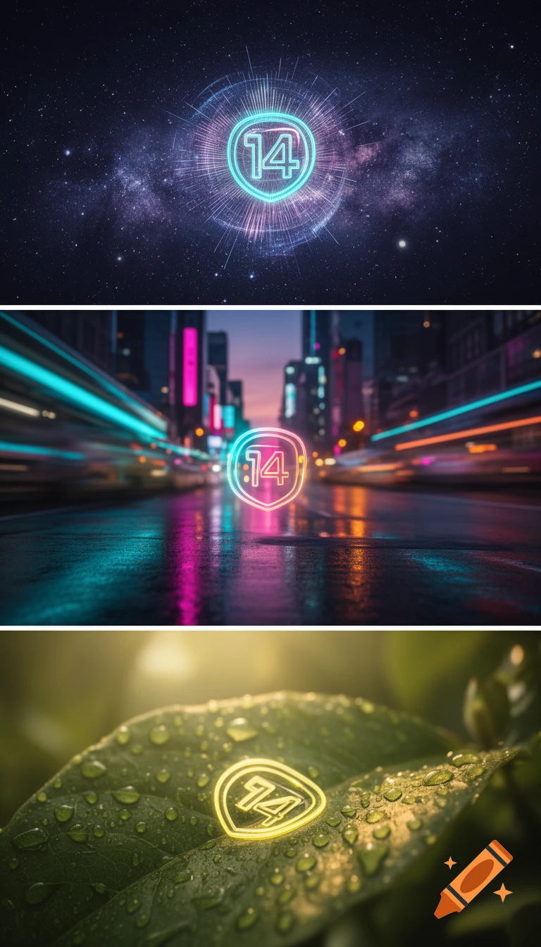 Three glowing neon '14' logos: one in space, one on a wet city street, and one on a dew-covered green leaf.