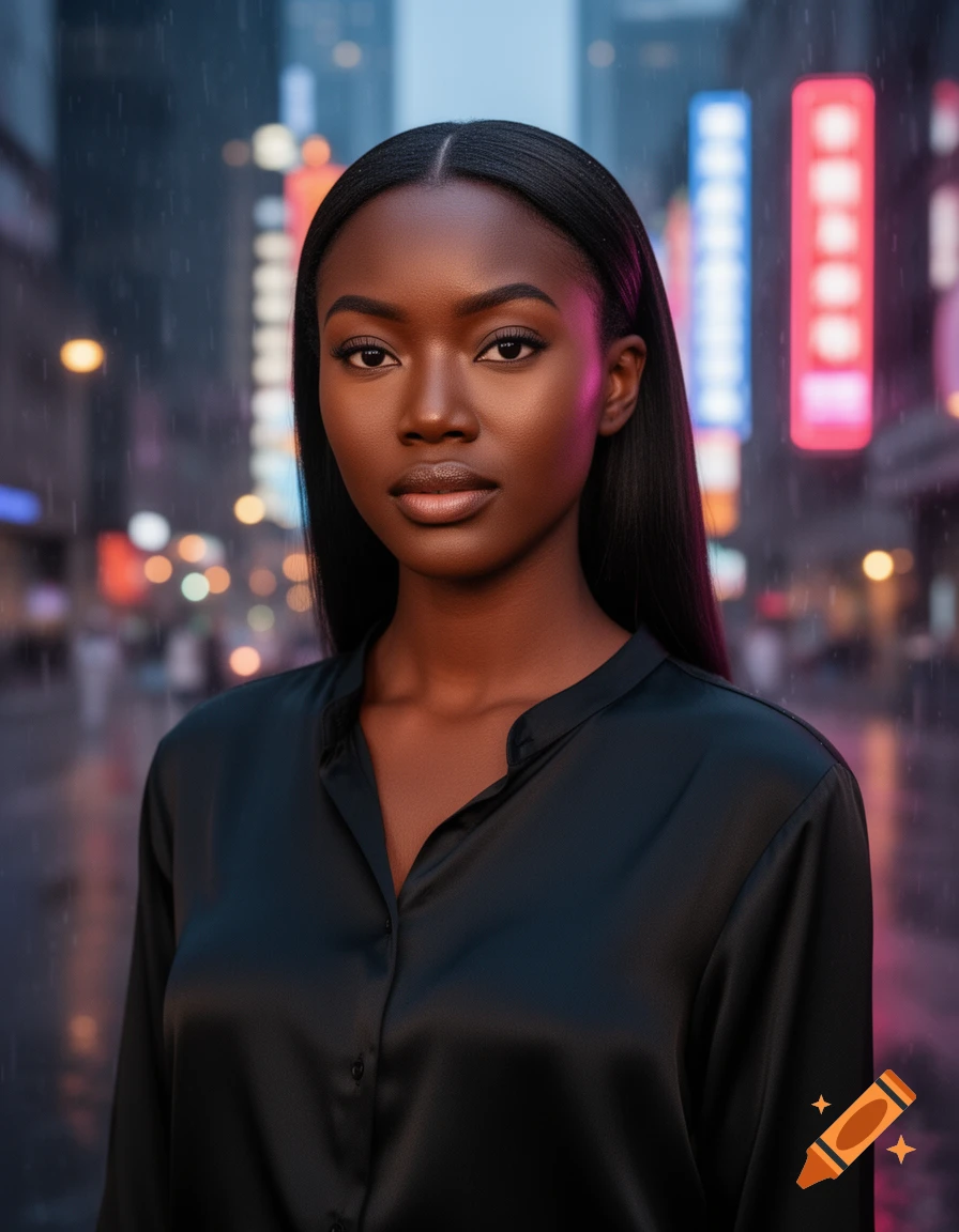 Photorealistic portrait of a young Black woman with long dark hair in a black shirt, standing on a rainy city street with blurred neon lights.