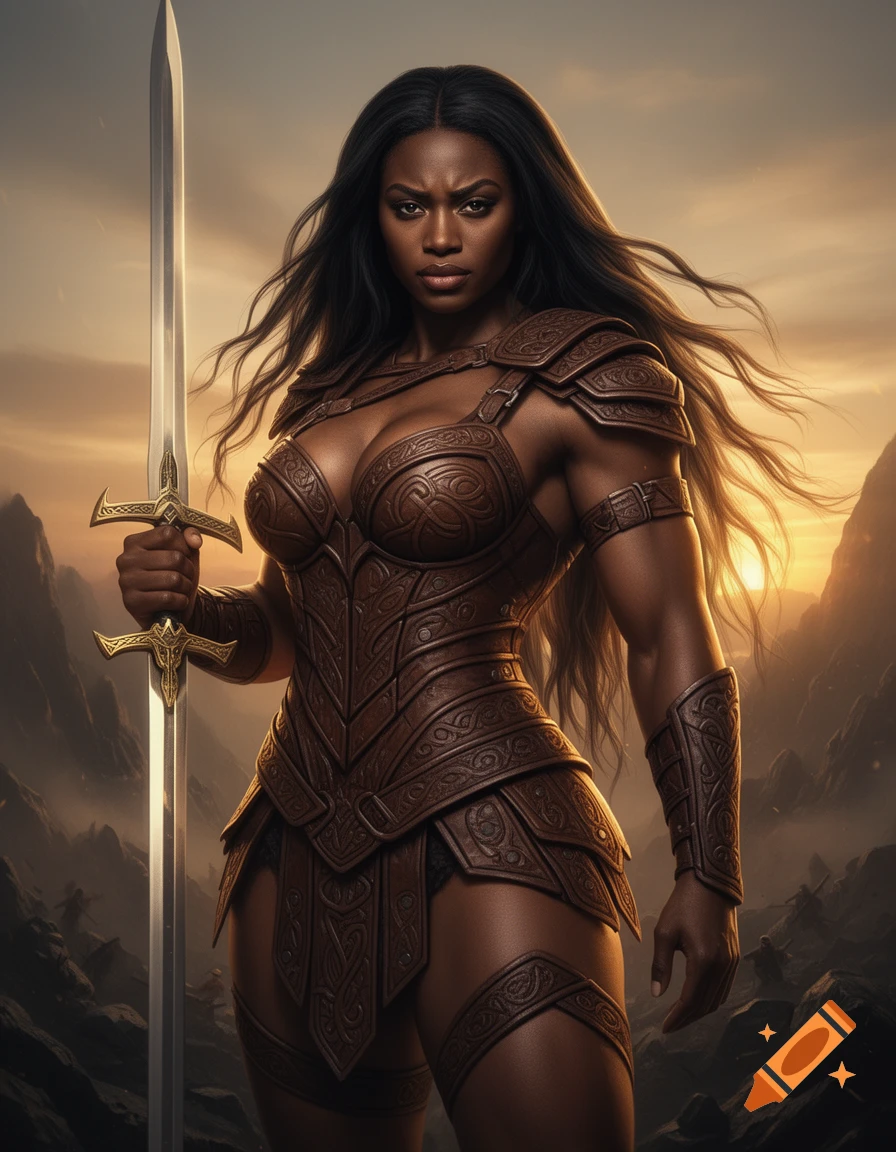 A dark-skinned female Amazon warrior in ornate leather armor holds a sword, standing against a sunset mountain landscape.