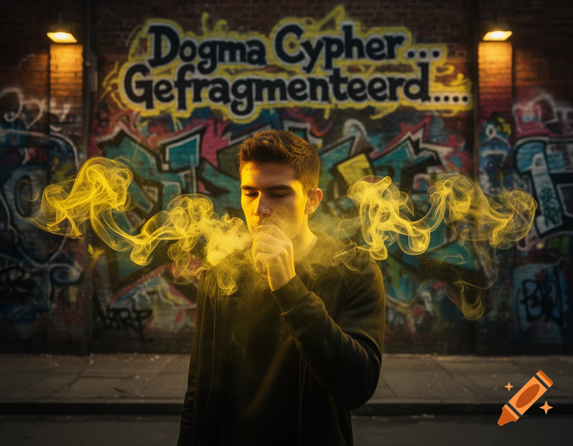 A man with closed eyes exhales yellow smoke in front of a graffiti-covered brick wall with text.