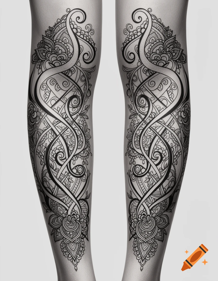 Two legs covered in intricate, symmetrical black and white tattoo designs, featuring henna-like patterns and calligraphic swirls.