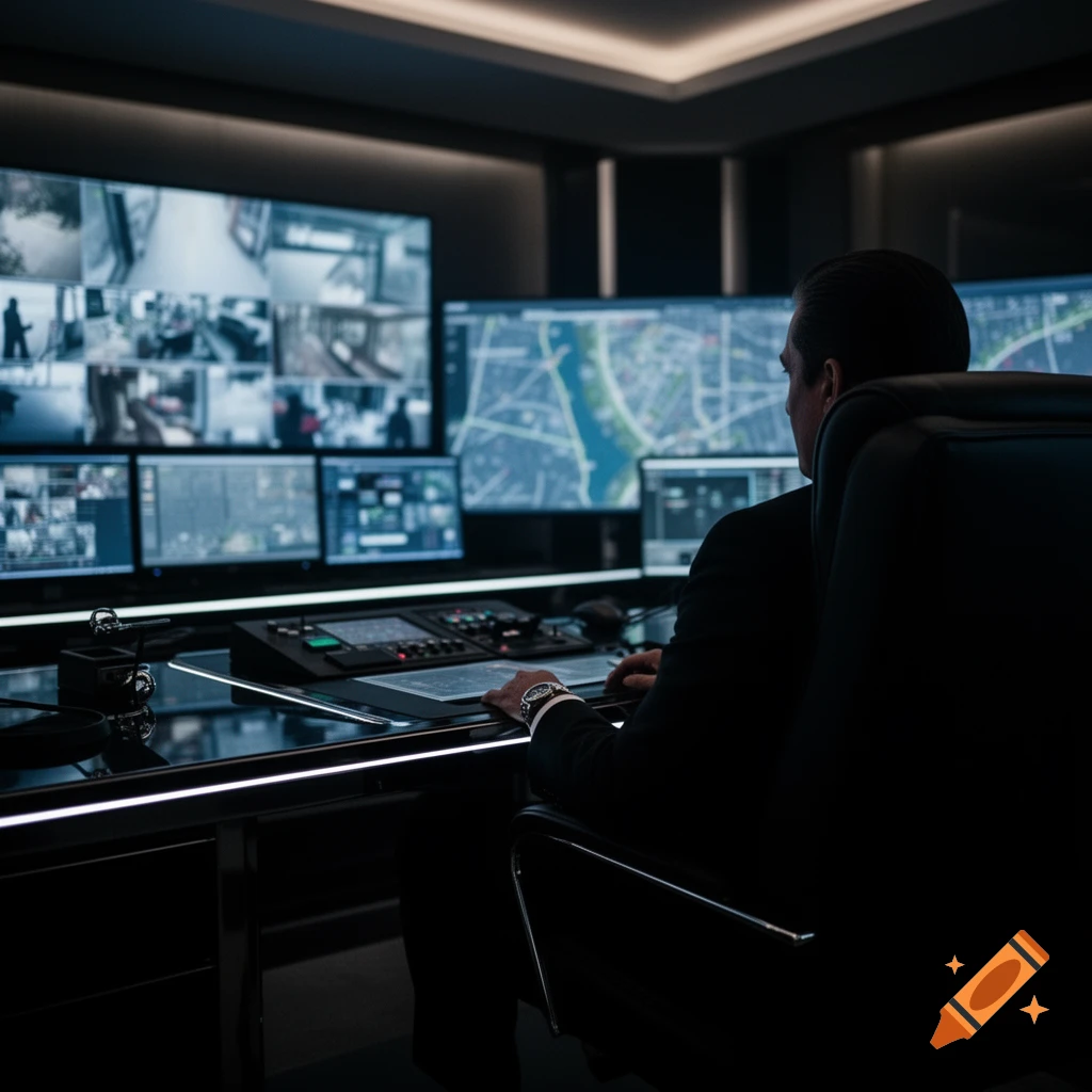 A man in a dark suit sits in a control room, viewing multiple surveillance monitors displaying video feeds and maps.