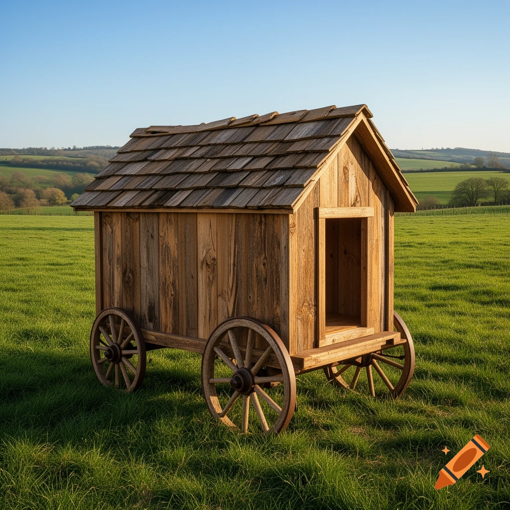 Photorealistic wooden dog house on wheels in a sunny green field with rolling hills under a clear blue sky.