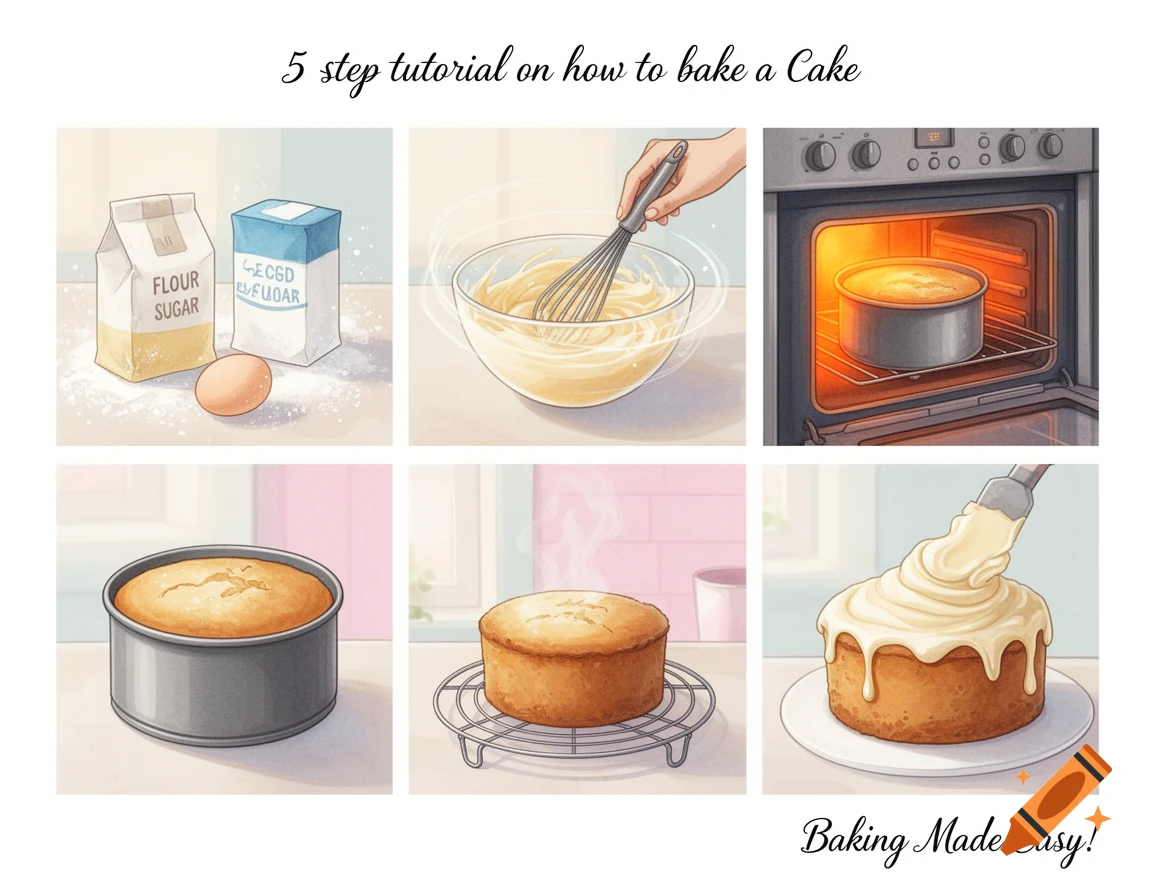 An illustrated 6-panel tutorial showing steps to bake a cake, from ingredients to mixing, baking, and frosting.