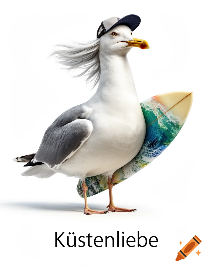 A photorealistic seagull wearing a baseball cap and holding a surfboard under its wing, with the German word 'Küstenliebe' below it.