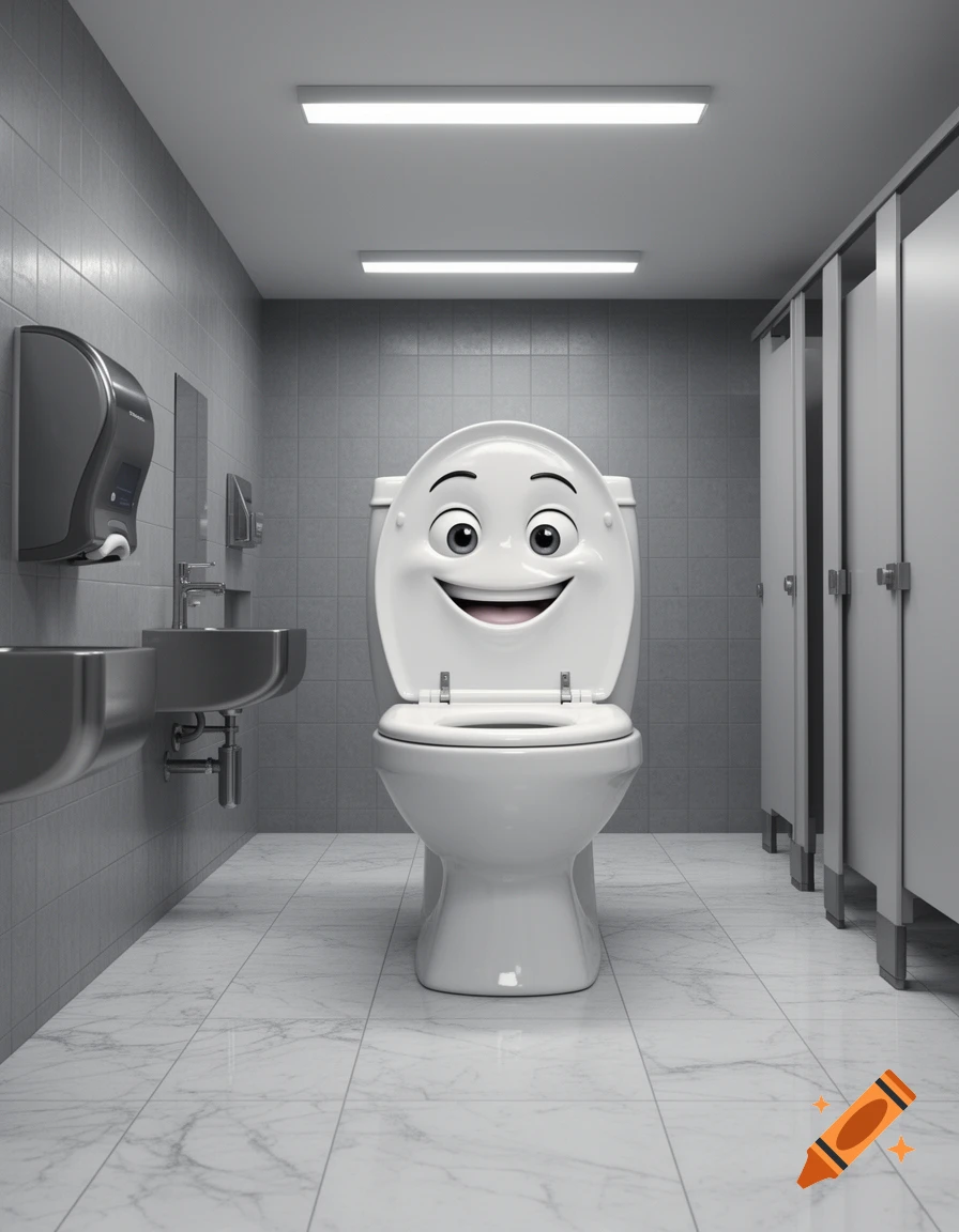 A smiling, cartoonish toilet with a face sits in the center of a clean, tiled public restroom with stalls and sinks.