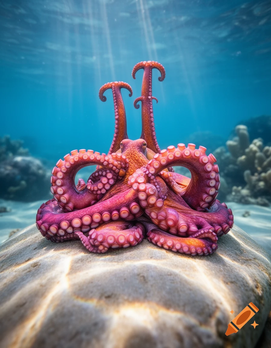 A vibrant pink and orange octopus with two prominent tentacles shaped like 'T's, rests on a sandy rock underwater, with light rays piercing the blue water from above.