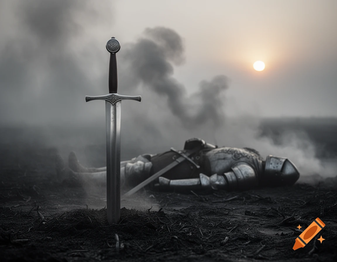 A medieval two-handed sword stands upright in dark, smoky ground, with a fallen knight in armor lying in the hazy background under a setting sun.