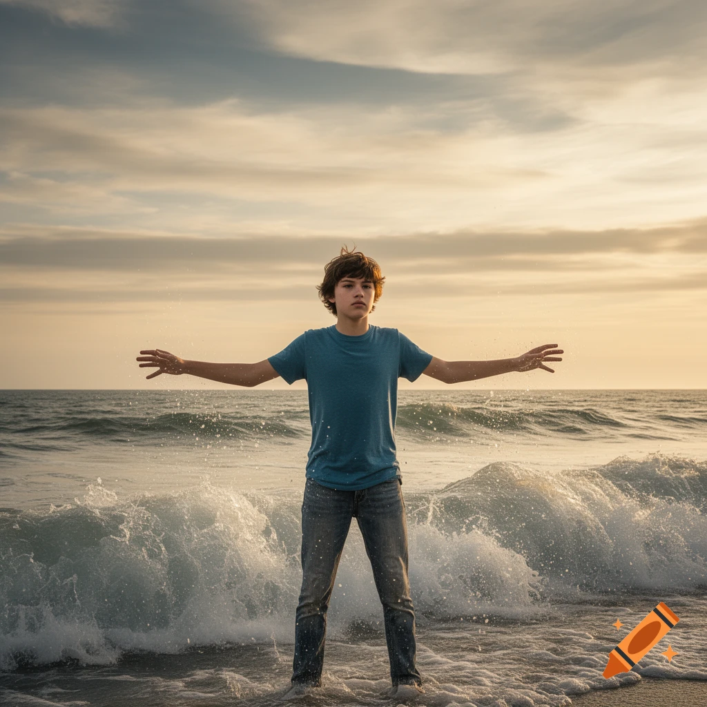 A teenage boy stands in the ocean at sunset with arms outstretched as waves crash around him, photorealistic.