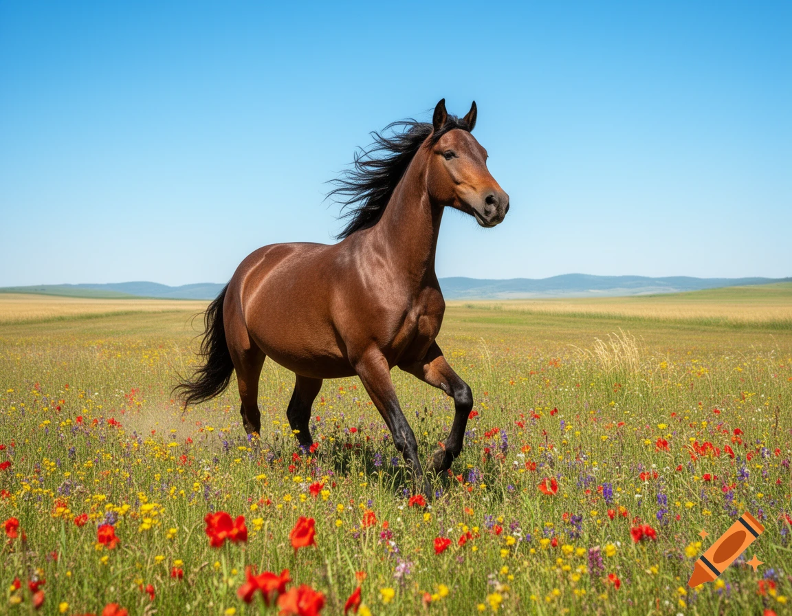 A brown horse gallops through a vibrant meadow of colorful wildflowers under a clear blue sky.