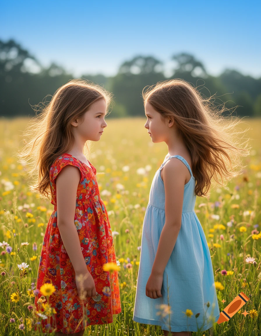 Two young girls with long brown hair, one in a red floral dress and the other in a blue dress, stand facing each other in a sunny field of wildflowers.