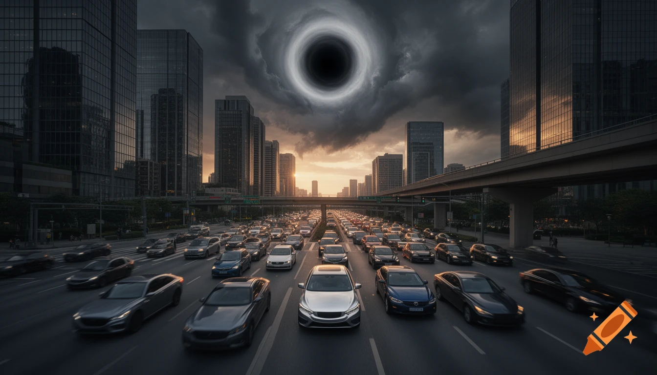 Photorealistic city street with traffic jam and a looming black hole in a dark, cloudy sky.