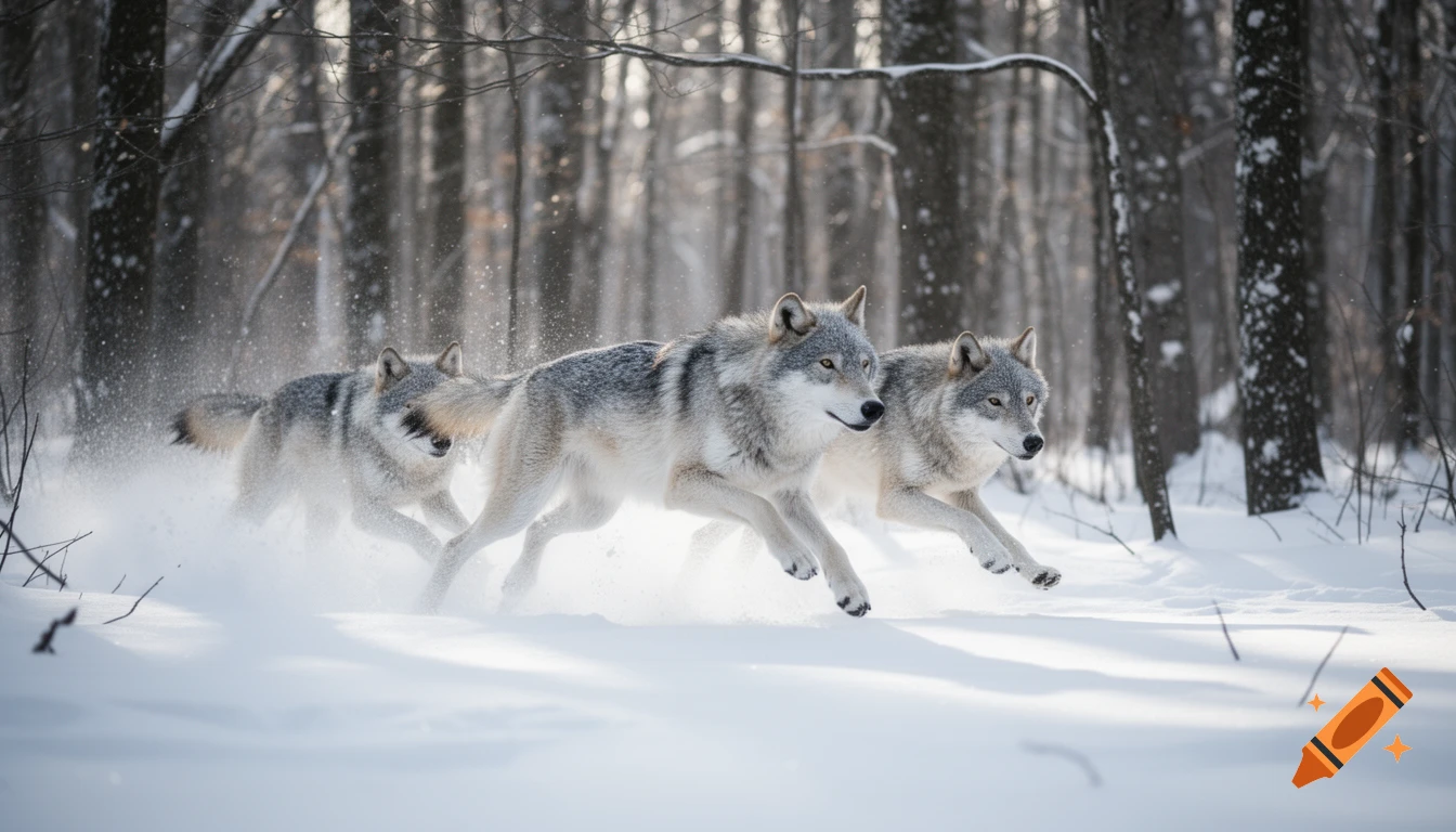 Three grey wolves run swiftly through deep snow in a winter forest, kicking up white powder.