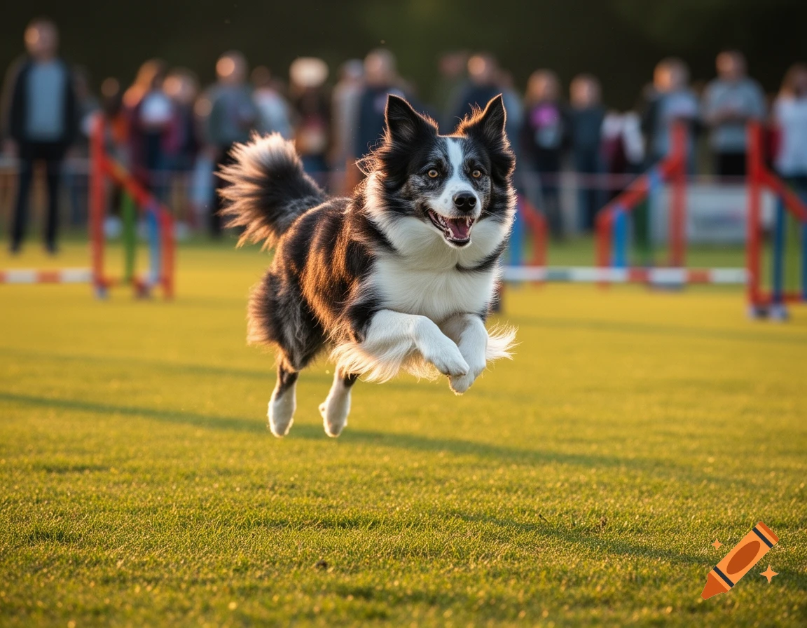 A black and white Border Collie dog jumps gracefully on a green grassy field during an agility event.