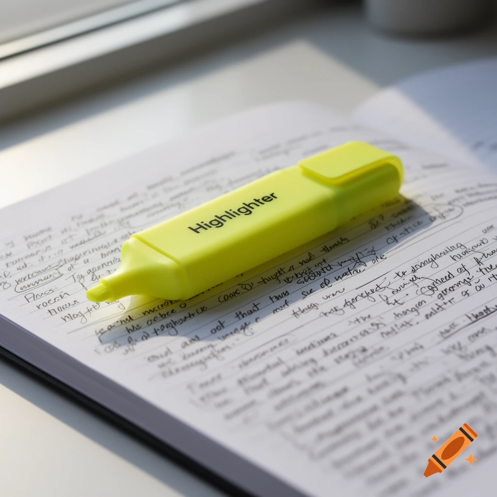 A yellow highlighter lies diagonally across an open notebook filled with handwritten notes on a desk.