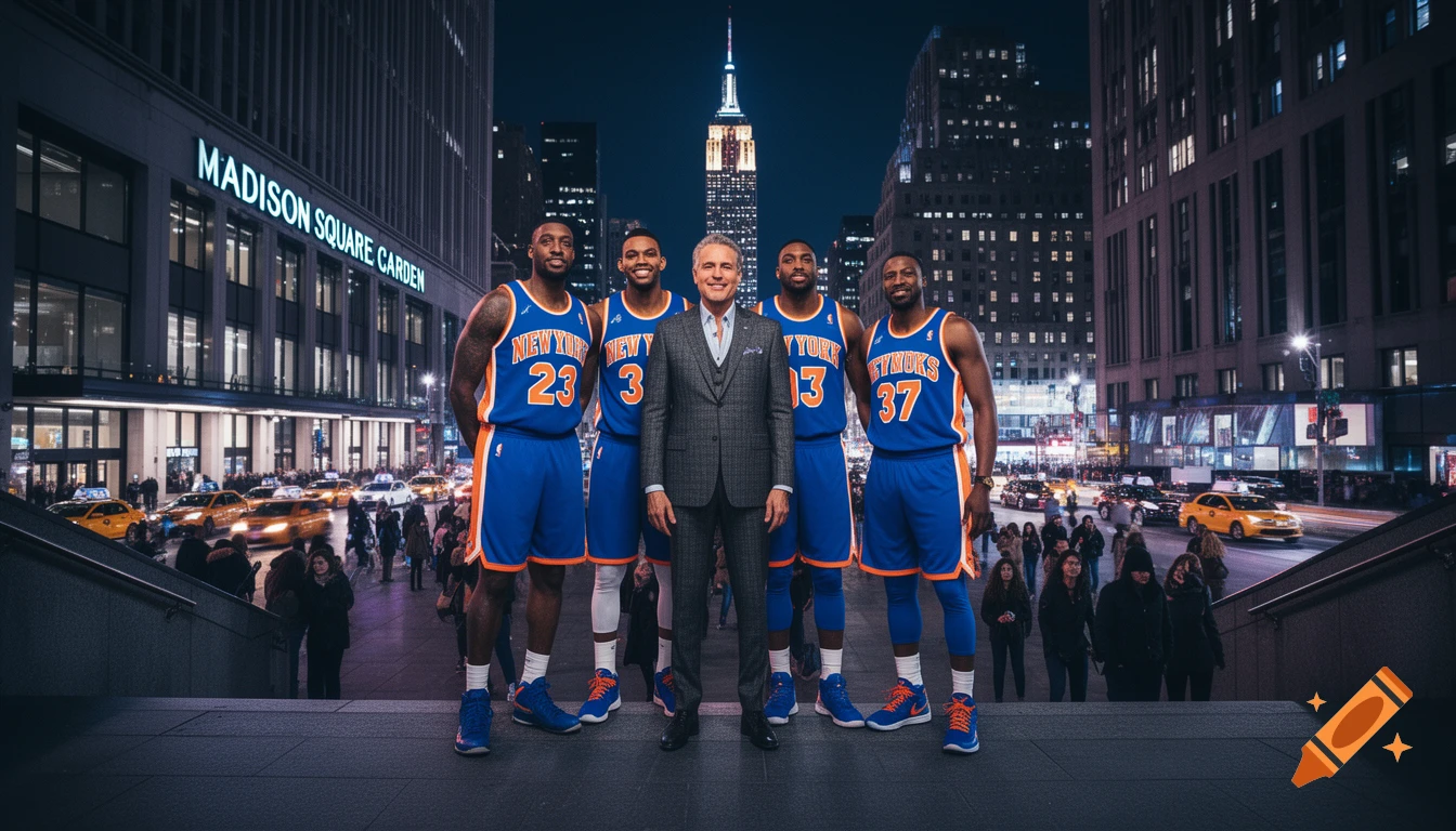 A man in a suit stands with four basketball players in New York Knicks jerseys on a city street at night, with Madison Square Garden and the Empire State Building in the background.