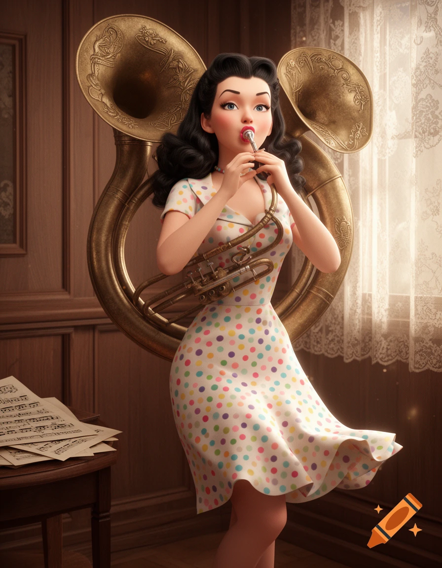A 3D stylized woman with dark hair in a polka dot dress holds a trumpet mouthpiece against a large brass sousaphone.