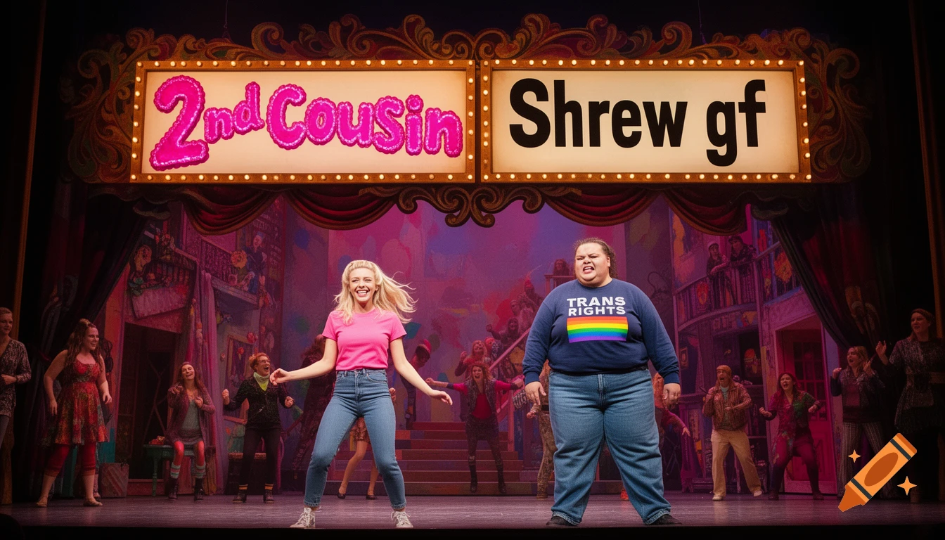Two women, one blonde in pink and one in a 'TRANS RIGHTS' shirt, perform on a theatrical stage under signs reading '2nd Cousin' and 'Shrew gf'.