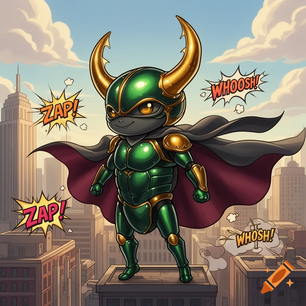 A cute chibi-style superhero in green armor with golden horns and a cape stands on a city rooftop with comic sound effects.