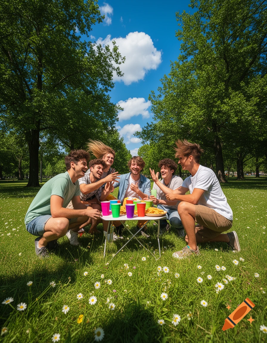 A group of six young, smiling friends enjoy a picnic on a sunny day in a grassy park, surrounded by trees.