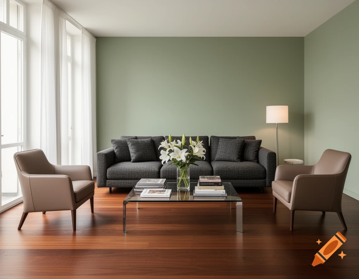 Modern living room with a gray sofa, two taupe armchairs, glass coffee table with flowers and books, and large windows.