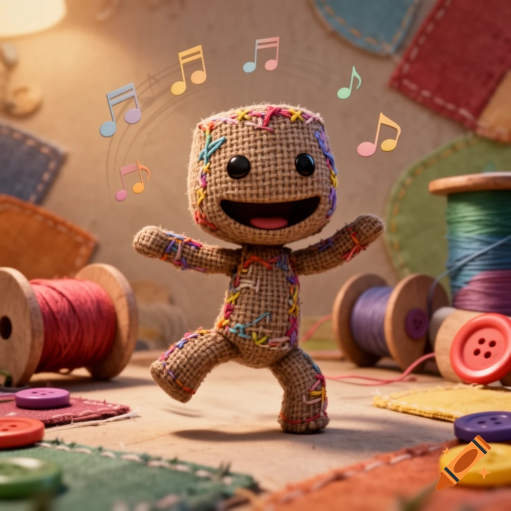 Burlap Sackboy doll with colorful stitches dances on a crafting table amidst thread spools and buttons, with musical notes.