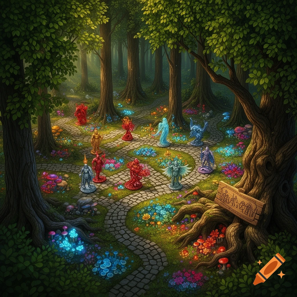 A whimsical fantasy board game scene in a magical forest, with glowing mushrooms and colorful fantasy chess pieces on a winding path.