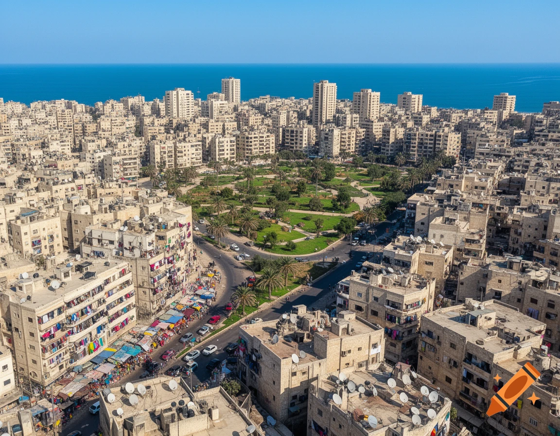 Aerial view of a densely packed coastal city with numerous buildings, a green park, streets, and market stalls, under a clear blue sky.