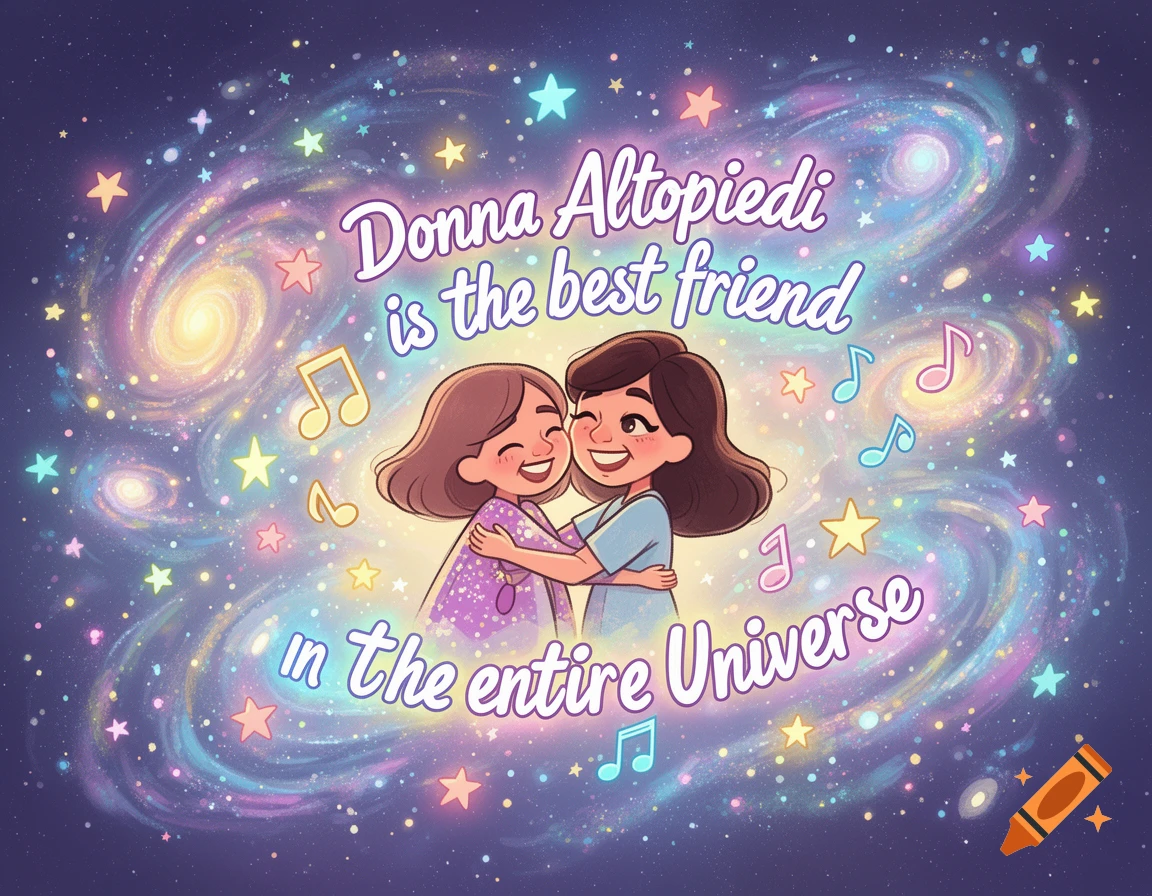 Two cartoon friends, one with brown hair and one with dark brown hair, hugging happily amidst a colorful cosmic background with stars, galaxies, and musical notes. Text reads: "Donna Altopiedi is the best friend in the entire universe."