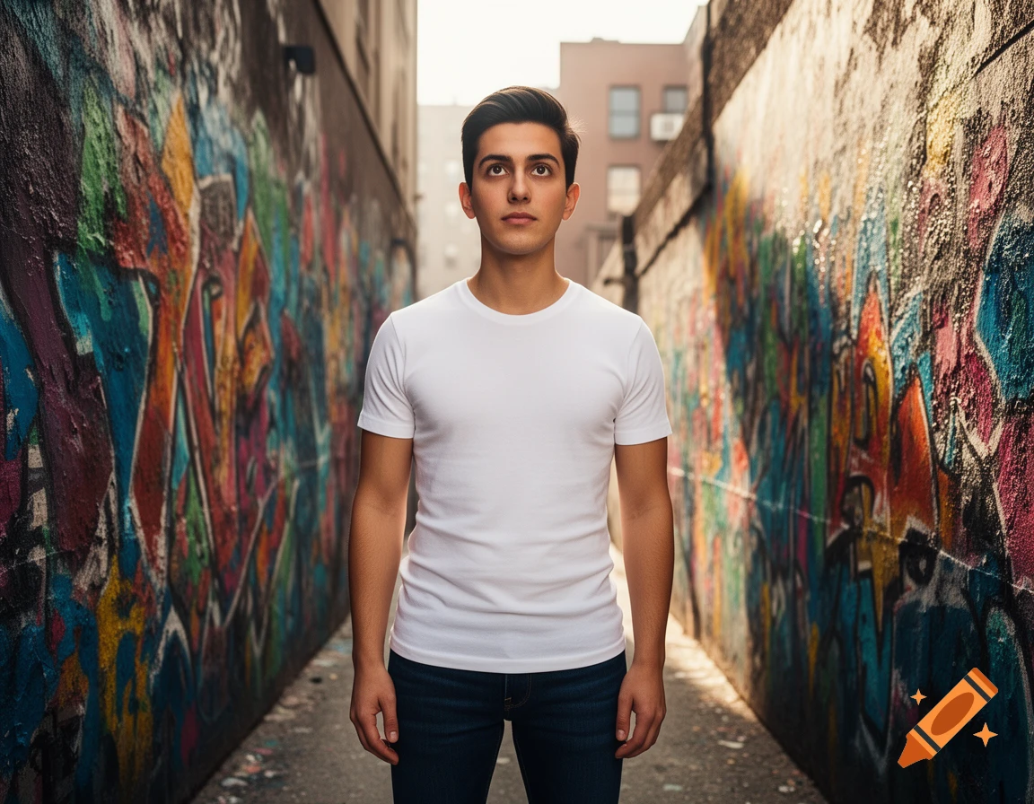 Young man in a white t-shirt stands between vibrant graffiti-covered walls in an urban alley.