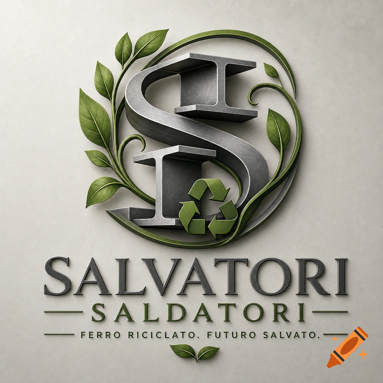 A logo featuring a metallic 'S' made from I-beams, intertwined with green leaves, and a recycling symbol. Below, the text 'SALVATORI SALDATORI' and 'FERRO RICICLATO. FUTURO SALVATO.'