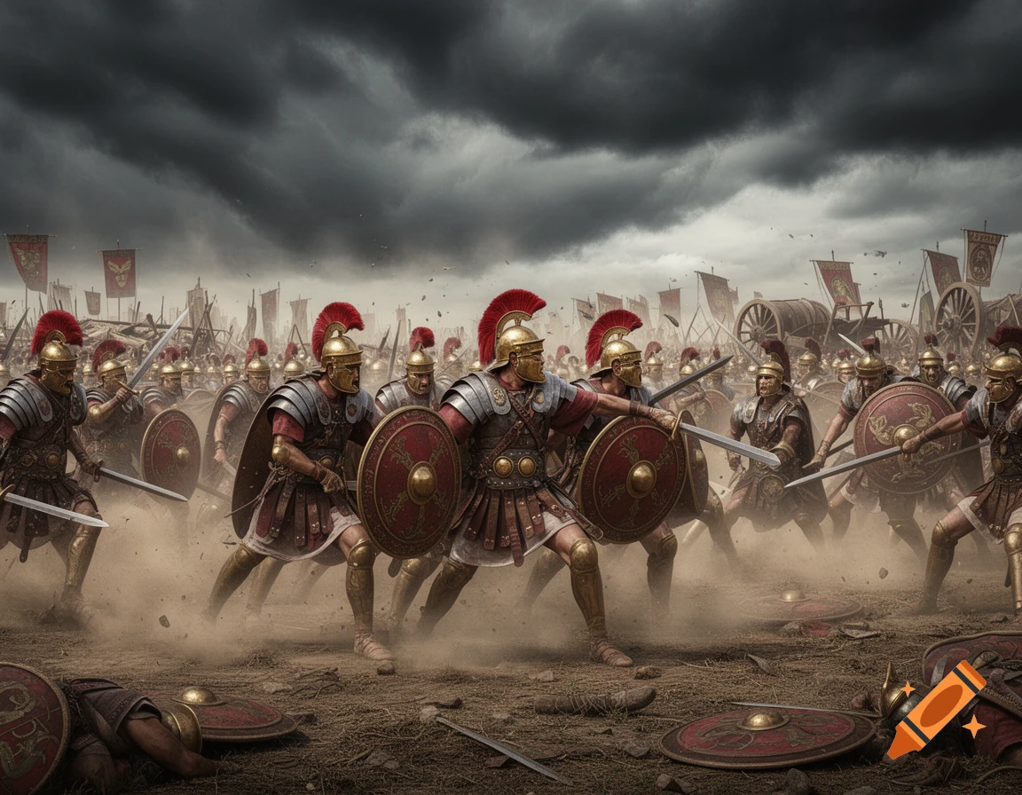 Roman soldiers in armor and helmets charge into battle with swords and shields under a dark, stormy sky, with dust rising and fallen soldiers.