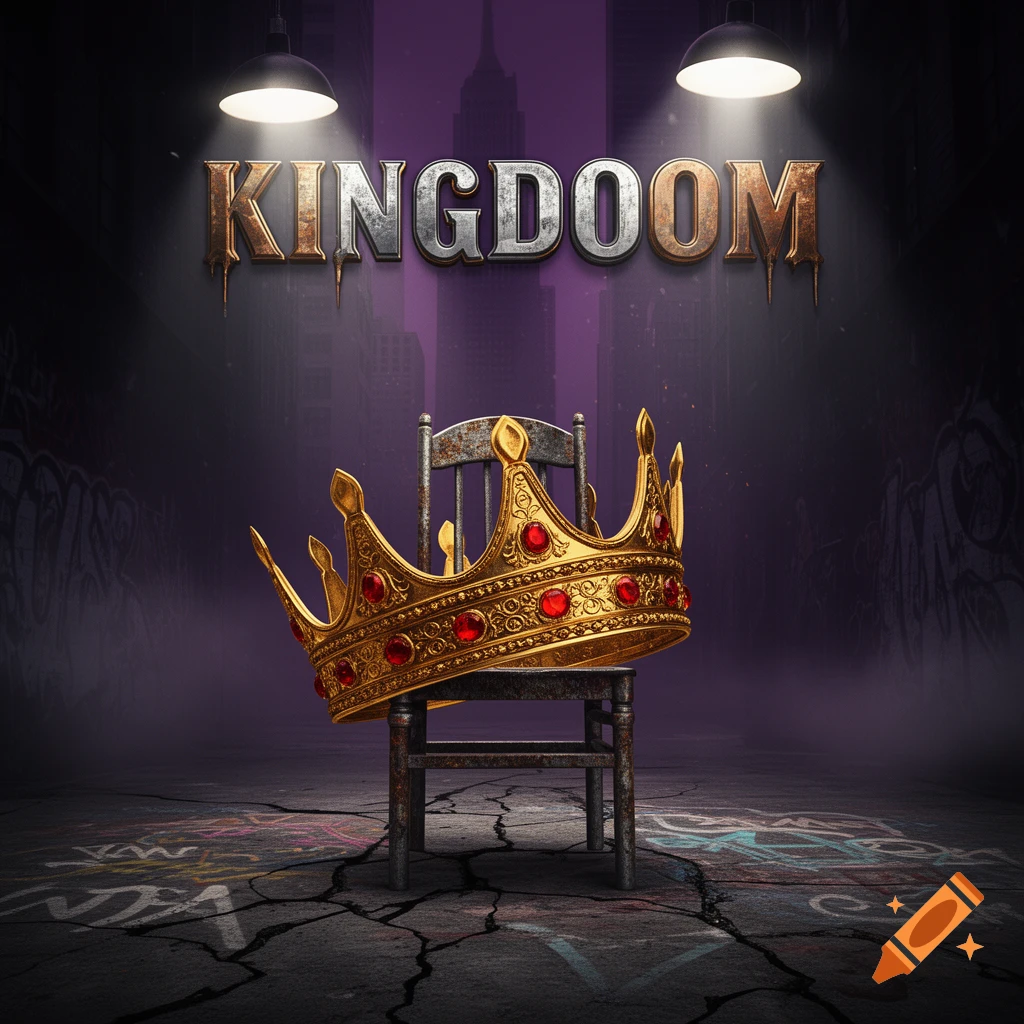 A gold crown with red jewels rests on a rustic chair under spotlights, with "KINGDOOM" text above and a dark urban background.