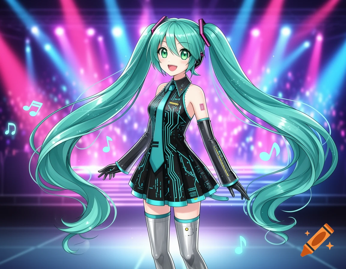 Hatsune Miku, an anime character with long turquoise pigtails, smiles on a stage illuminated by pink and blue lights.