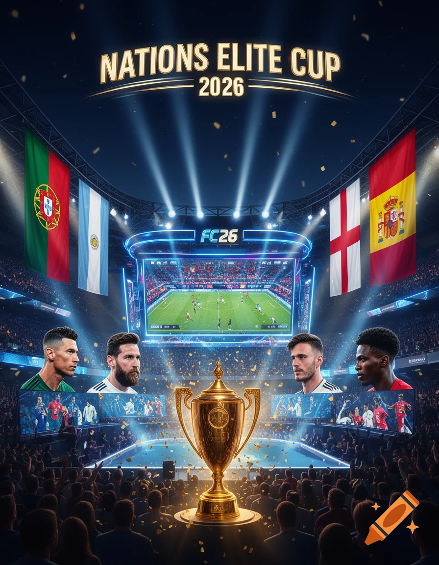 Photorealistic poster for the 'Nations Elite Cup 2026' esports tournament in a stadium, with a golden trophy, flags, screens, and football stars like Ronaldo and Messi.