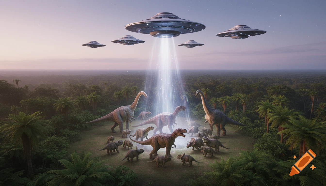 UFOs hover over a lush prehistoric jungle, beaming light down onto a herd of diverse dinosaurs.