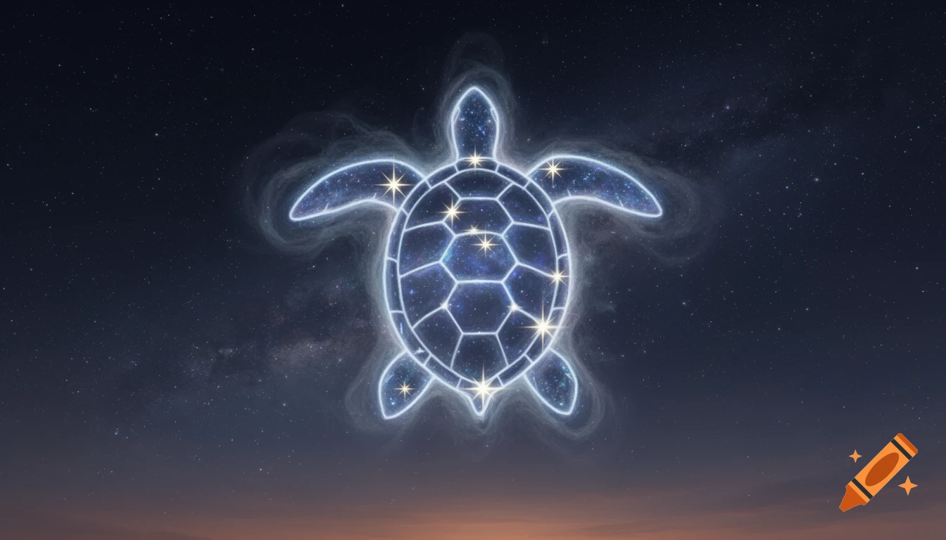 A glowing blue turtle constellation with bright stars in a dark night sky with a subtle horizon.