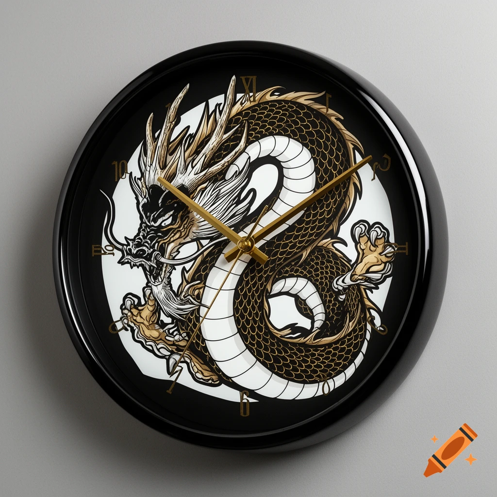 A black wall clock features a detailed gold and black dragon coiled around the white clock face, with golden hands and numbers.