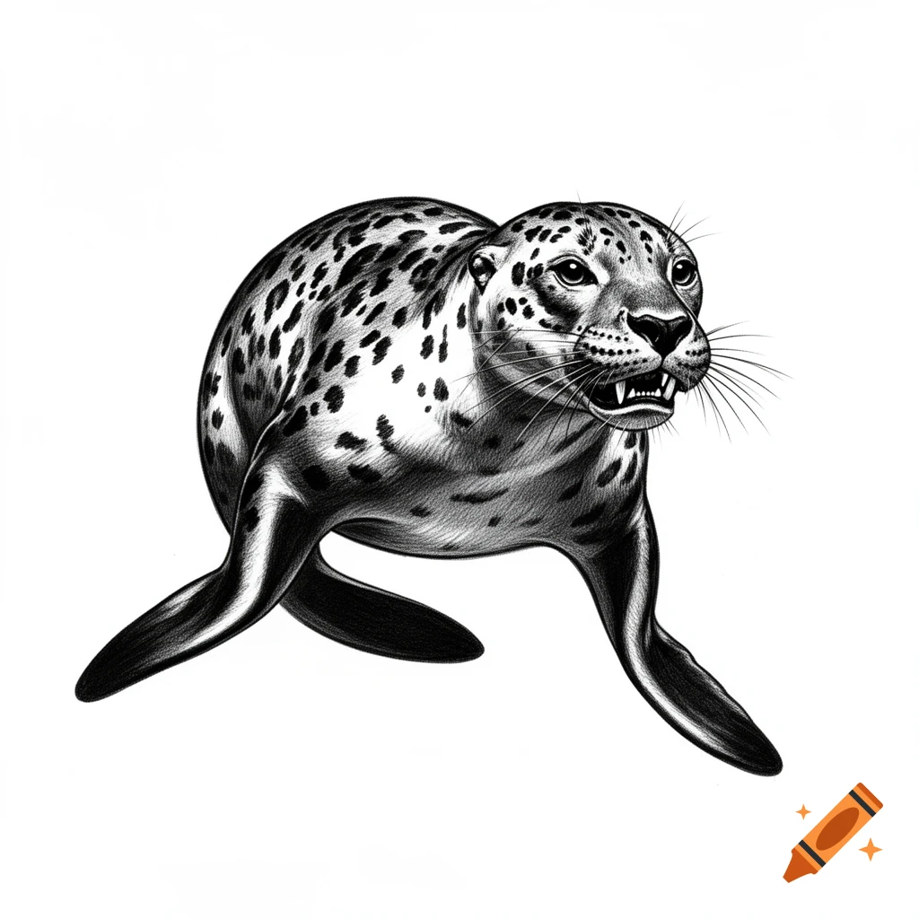 Black and white pencil drawing of a sea leopard snarling with bared teeth on a white background.