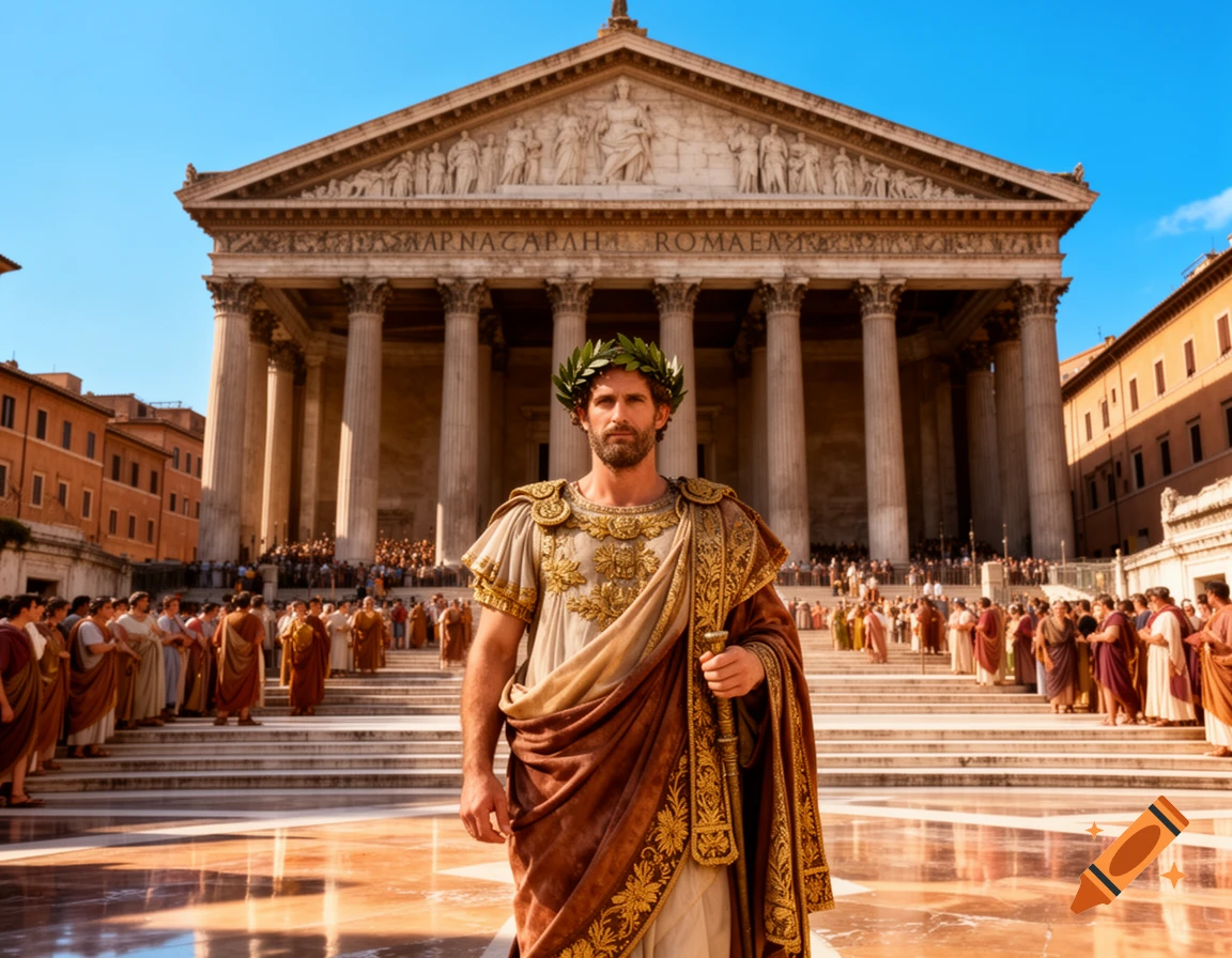 A Roman emperor in gilded robes and a laurel wreath stands before a grand ancient Roman temple filled with a crowd under a sunny sky.