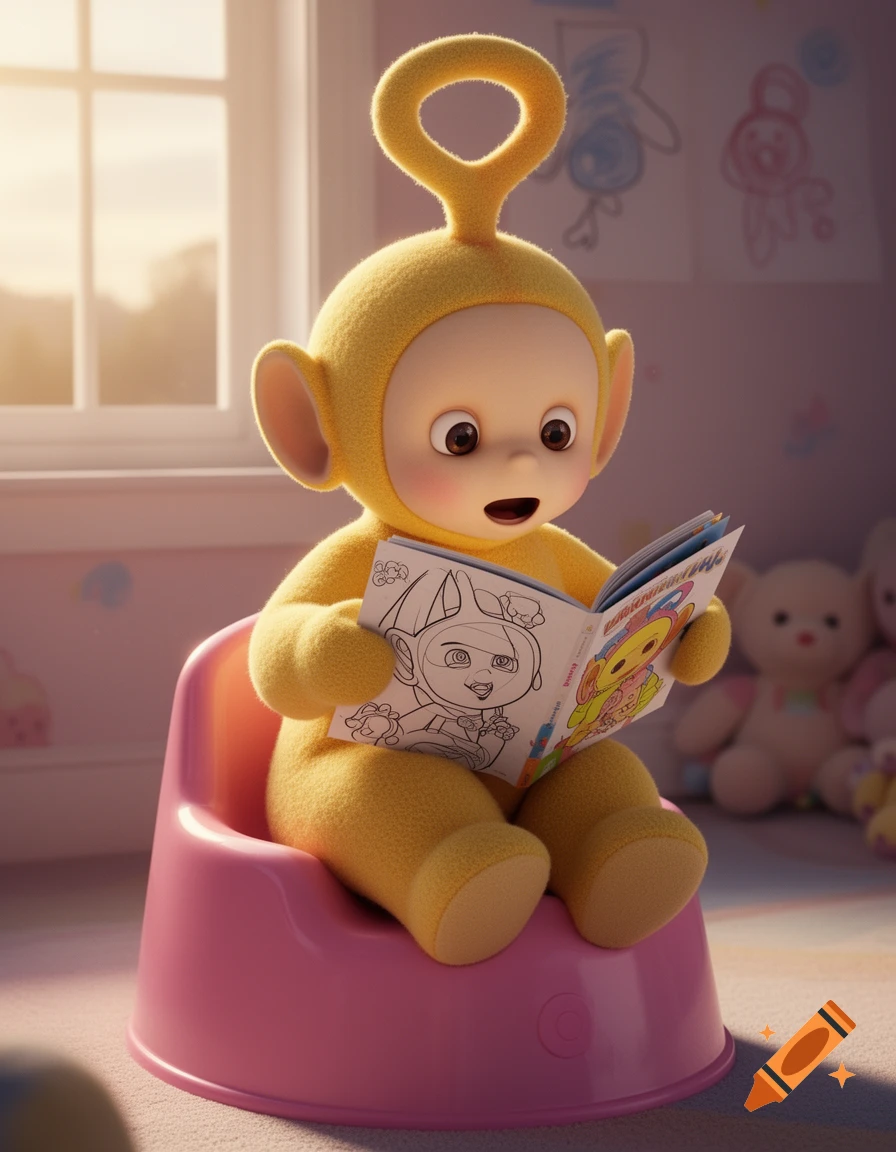 A photorealistic Laa-Laa from Teletubbies, in a yellow suit, sits on a pink potty chair, engrossed in a coloring book.