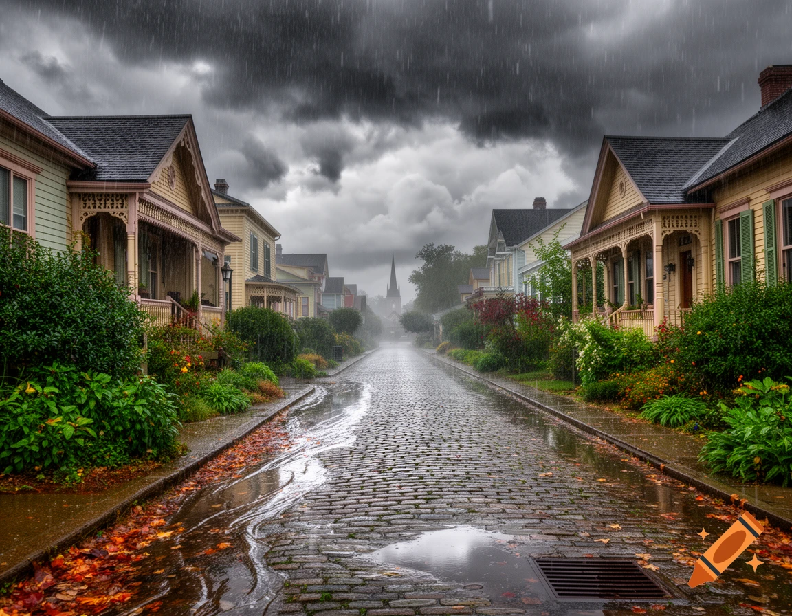 Photorealistic image of a wet cobblestone street lined with houses during heavy rain, with autumn leaves on the ground.