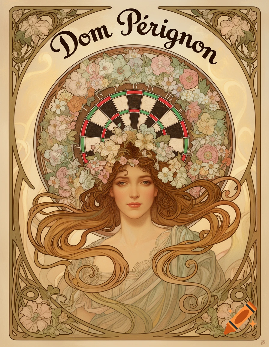 Art Nouveau poster of a woman with flowing hair and a floral dartboard halo, with 'Dom Pérignon' text above.